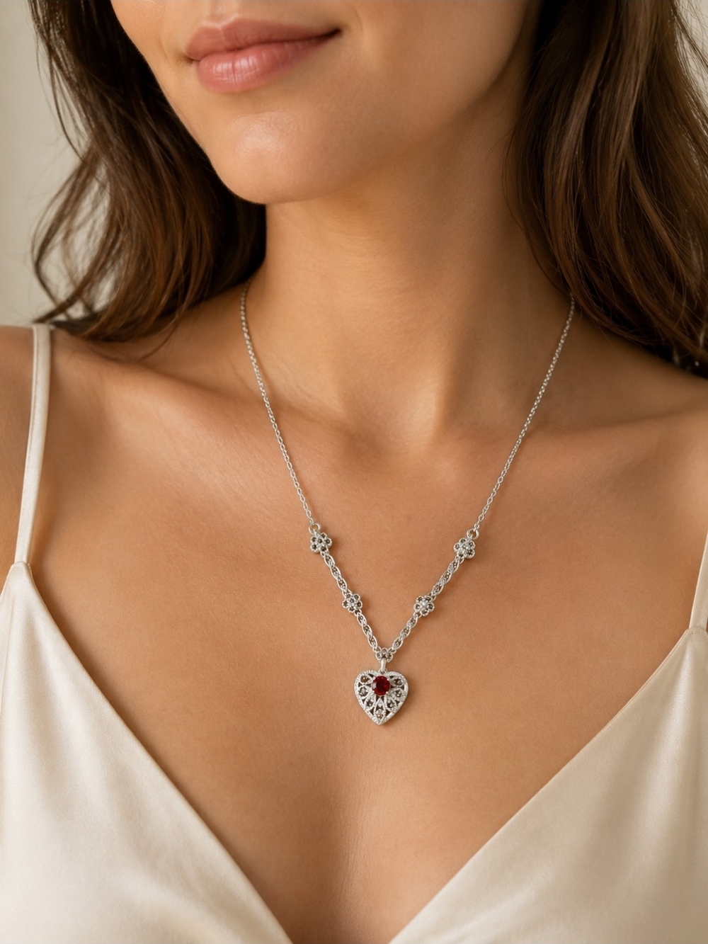 Sterling Silver Heart Pendant Necklace with Garnet Center